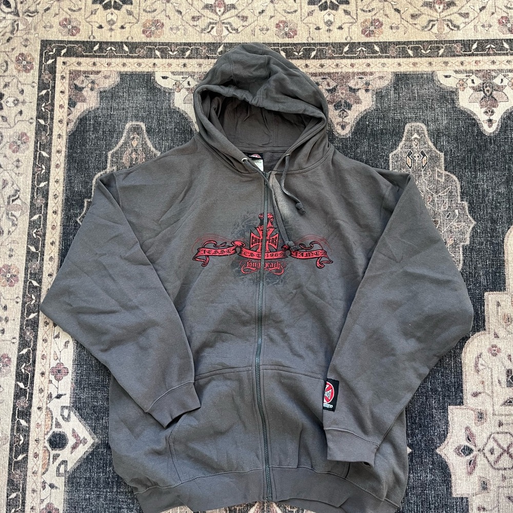 West Coast Choppers Gray Zip-Up Sweater with Red Design